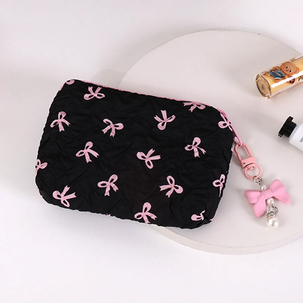 pochette cosmétique plissée avec nœud | pochette de maquillage en coton pour femmes, matelassée, de voyage, organiseur de maquillage pour filles, petite pochette à nœud portable