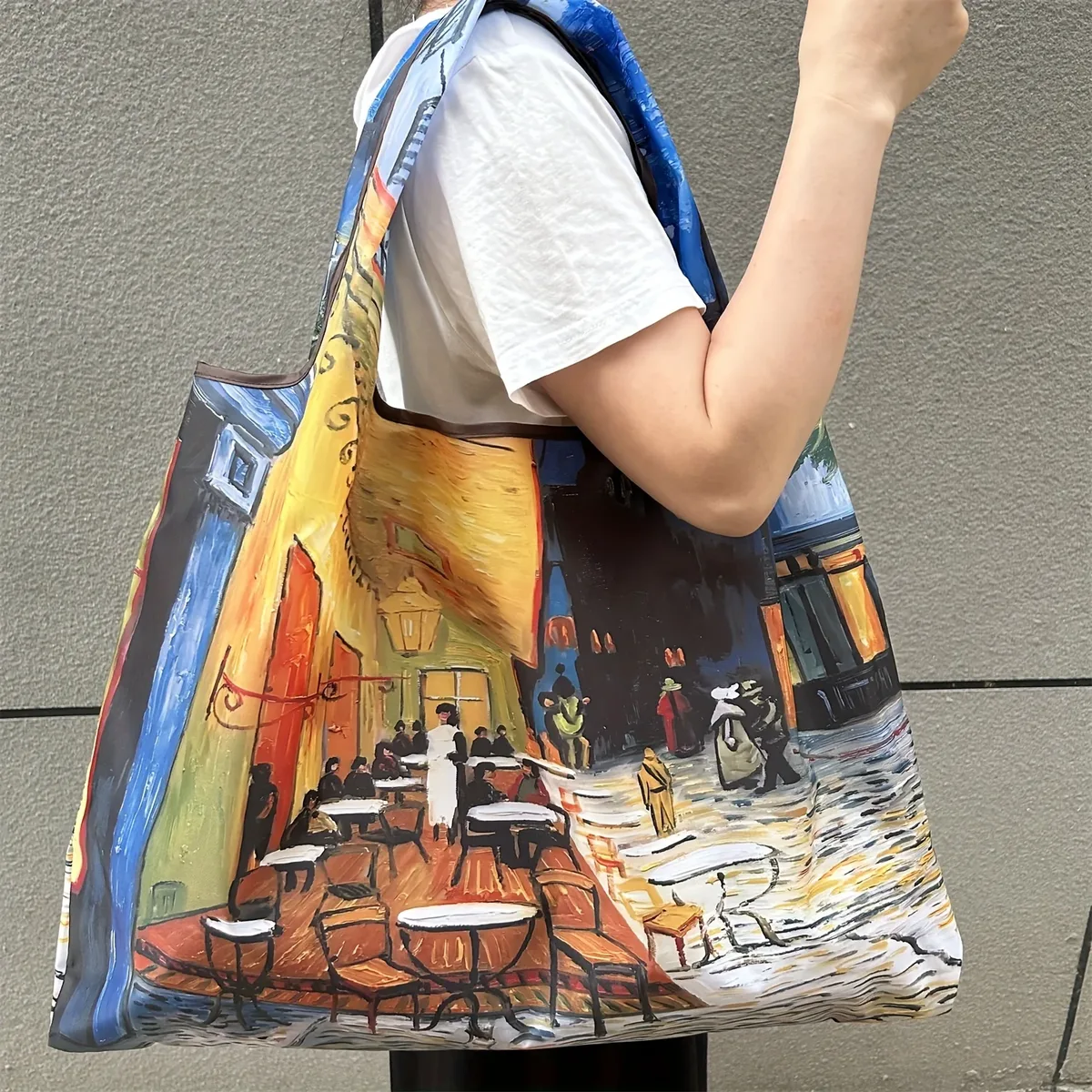 sac de shopping pliable, motif vintage van gogh café terrace, réutilisable, imperméable, grand sac fourre-tout, sac à main portable pour courses, cadeau pour femmes