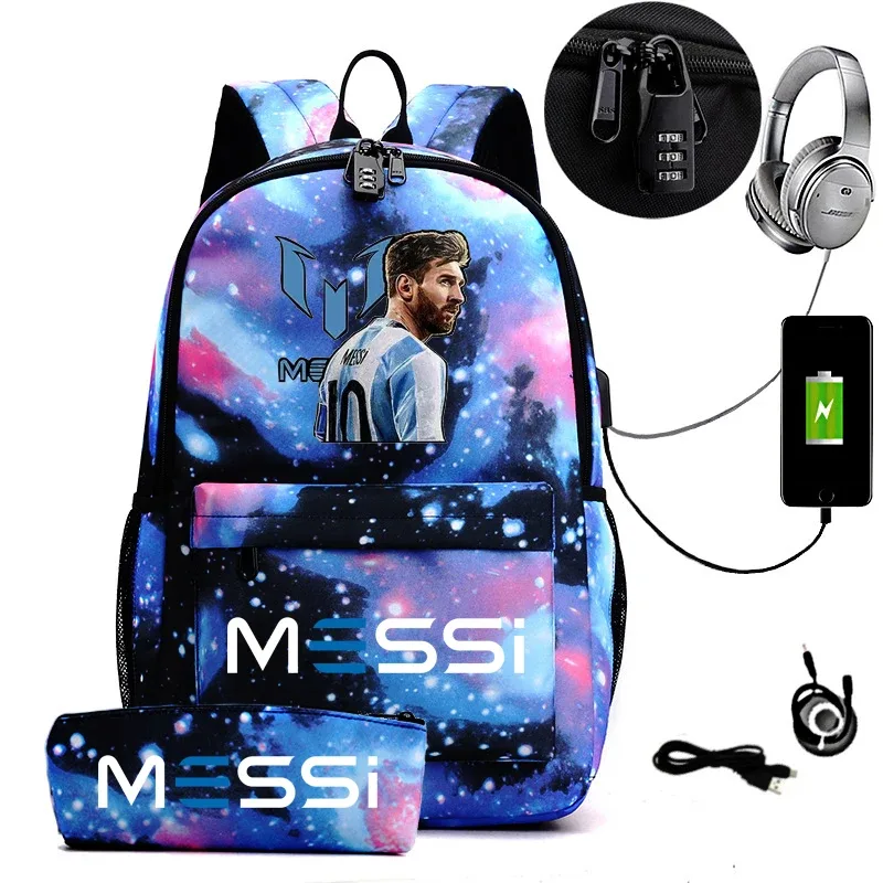 sac à dos usb cr7 pour femmes et hommes, sac à dos de voyage décontracté anti-vol, sacs d'école pour adolescents avec capacité pour ordinateur portable, avec trousse à crayons, 2 pièces