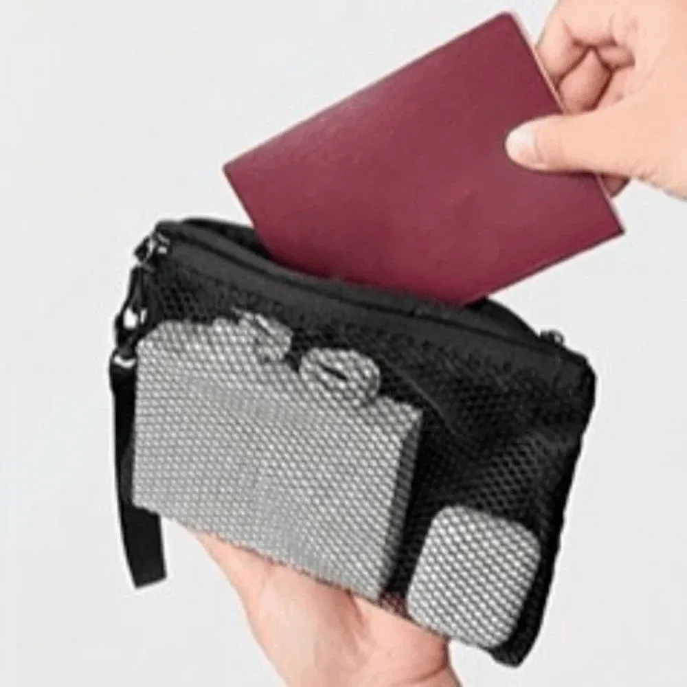 sac de rangement en maille légère en polyester avec fermeture éclair, trousse de toilette de couleur unie, sac à cosmétiques multifonctionnel, usage polyvalent