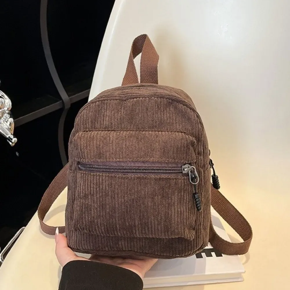 mini sac à dos polyvalent en velours côtelé de couleur unie, léger, avec fermeture éclair, double bandoulière, style vintage, multi-poches, pour le quotidien et les voyages
