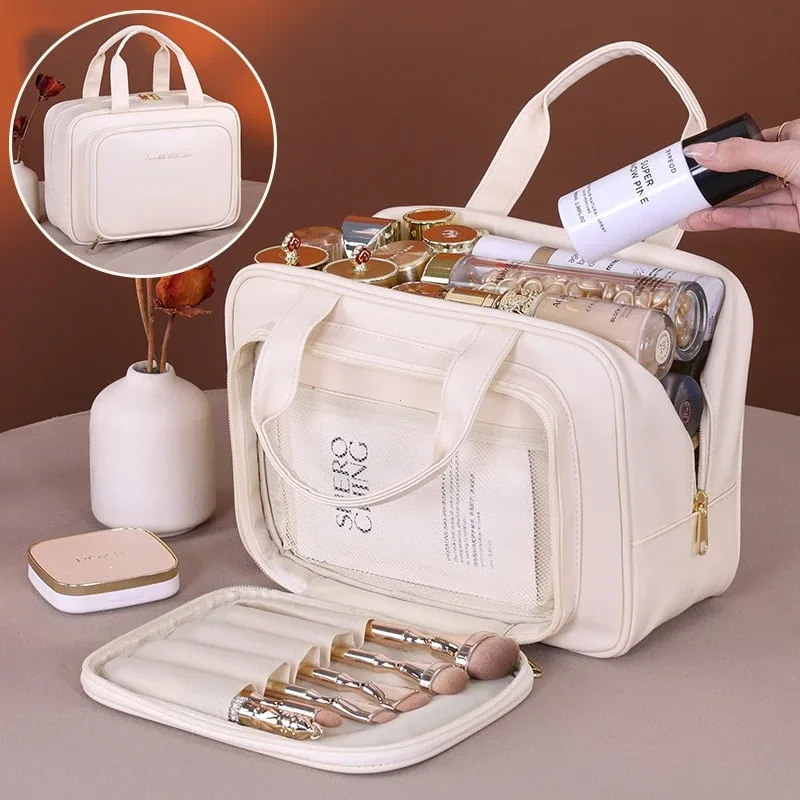 Nouveau sac à cosmétiques en cuir PU pour femmes, sac de rangement Portable multifonctionnel pour maquillage, sac de rangement de toilette de voyage de grande capacité