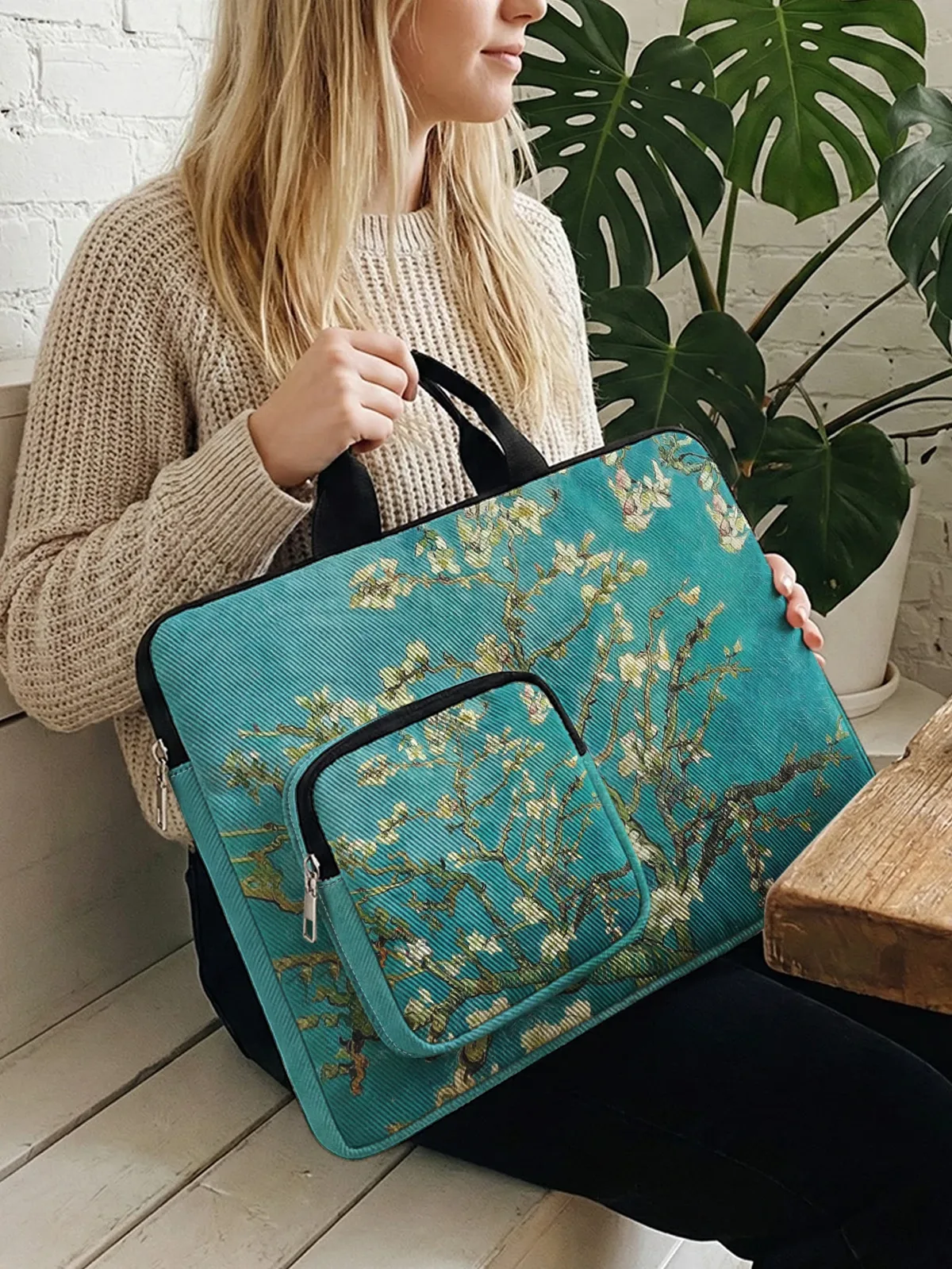 sac à main pour ordinateur portable avec peinture de fleurs d'amande de van gogh, avec poche supplémentaire, é