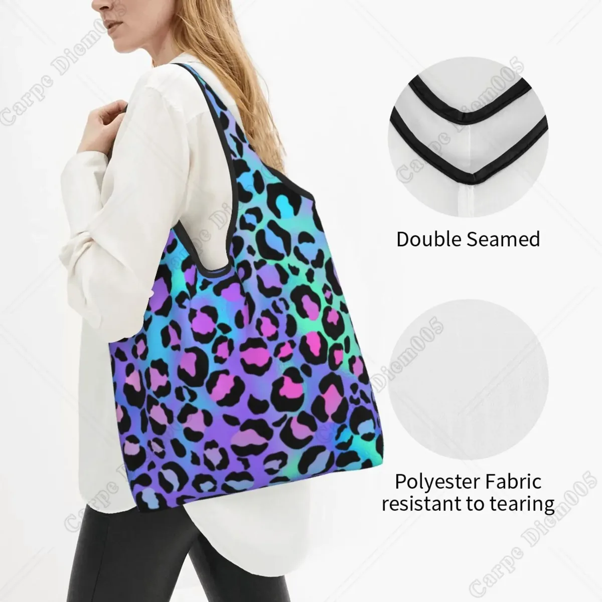 sac de courses pliable imprimé léopard coloré pour hommes et femmes, sac fourre-tout portable, sacs d'épicerie recyclables, extérieur, taille unique