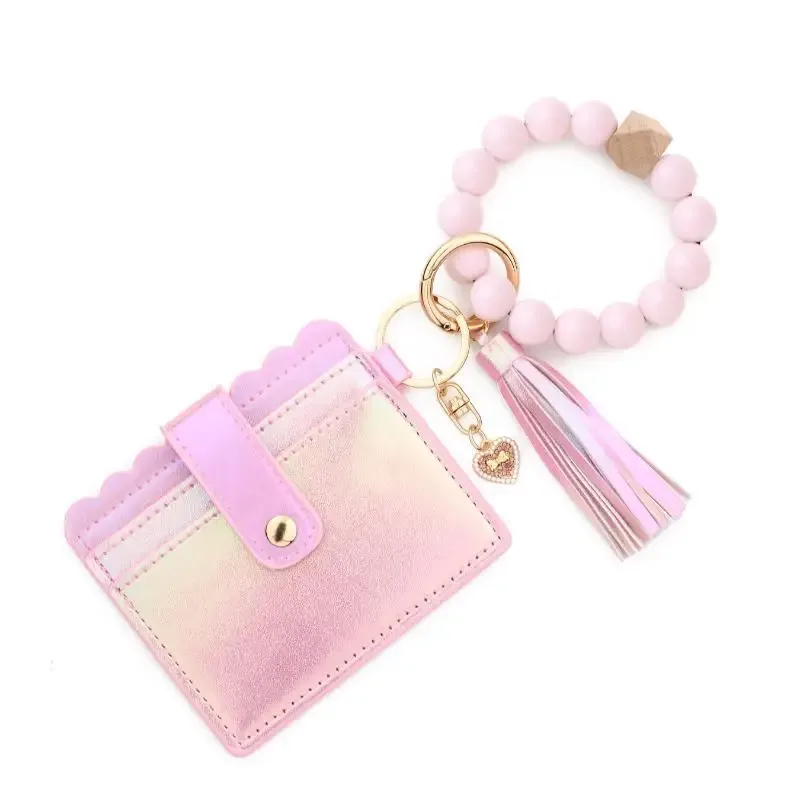 porte-cartes adorable pour filles, portefeuille dégradé de couleurs, breloque cœur, bracelet perles en silicone, étui en cuir pour cartes d'identité - organisateur tendance