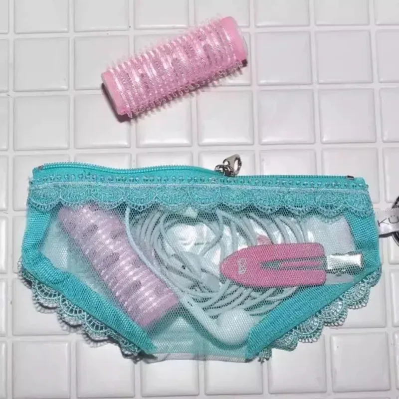 pochette de maquillage triangulaire en dentelle, légère et transparente, organiseur de maquillage portable, pochette de rangement pour accessoires de voyage et de toilette