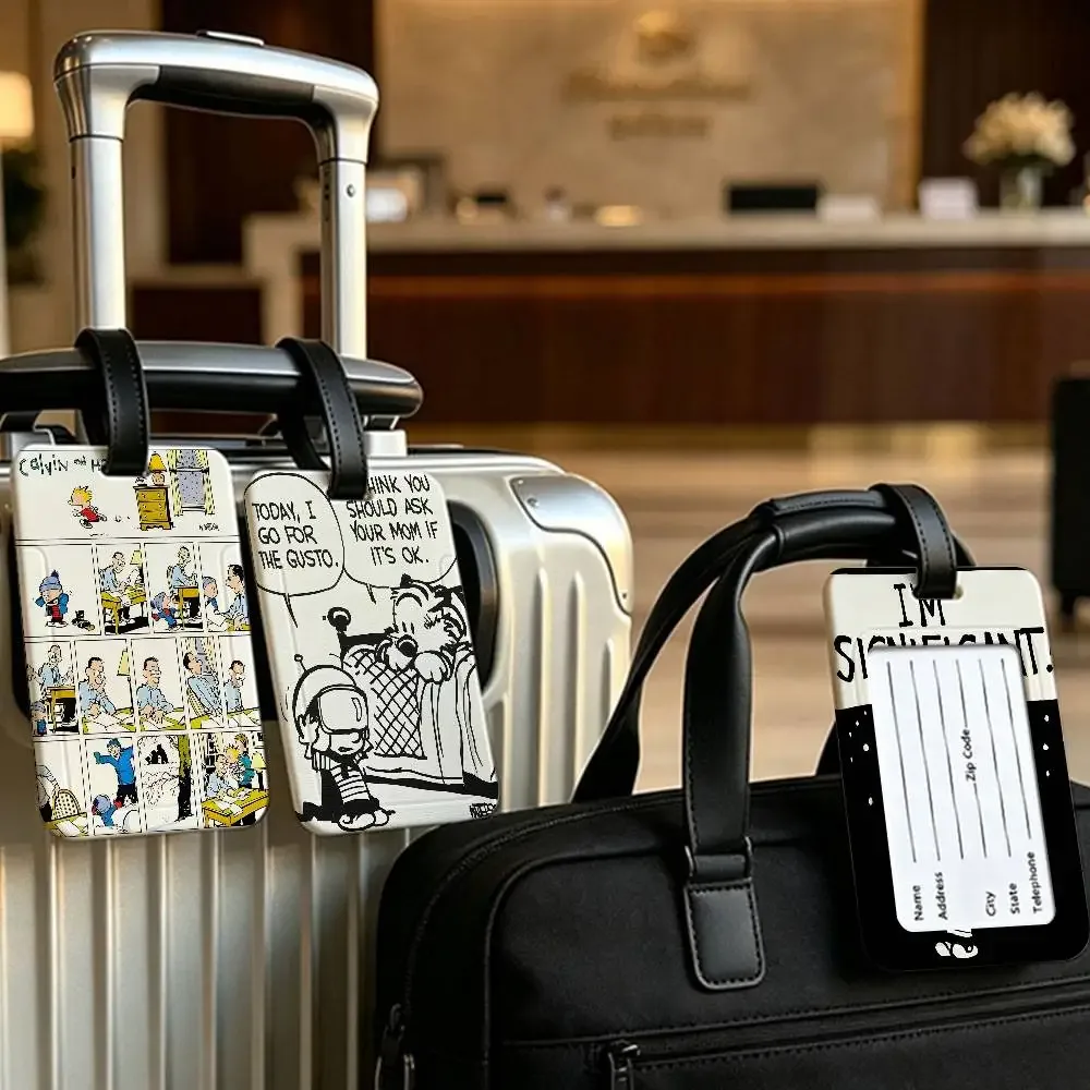 c-calvin-and-hobbes étiquette de bagage anti-perte en pvc durable, nostalgique et de qualité supérieure, avec carte d'information, légère, pour l'identification des bagages