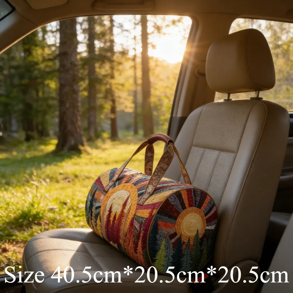 sac de voyage sun and mountain forest, artisanat de quilting fait main, unisexe, vintage, bohème, sac fourre-tout pour le week-end, camping, voyage en voiture, aventures en plein air
