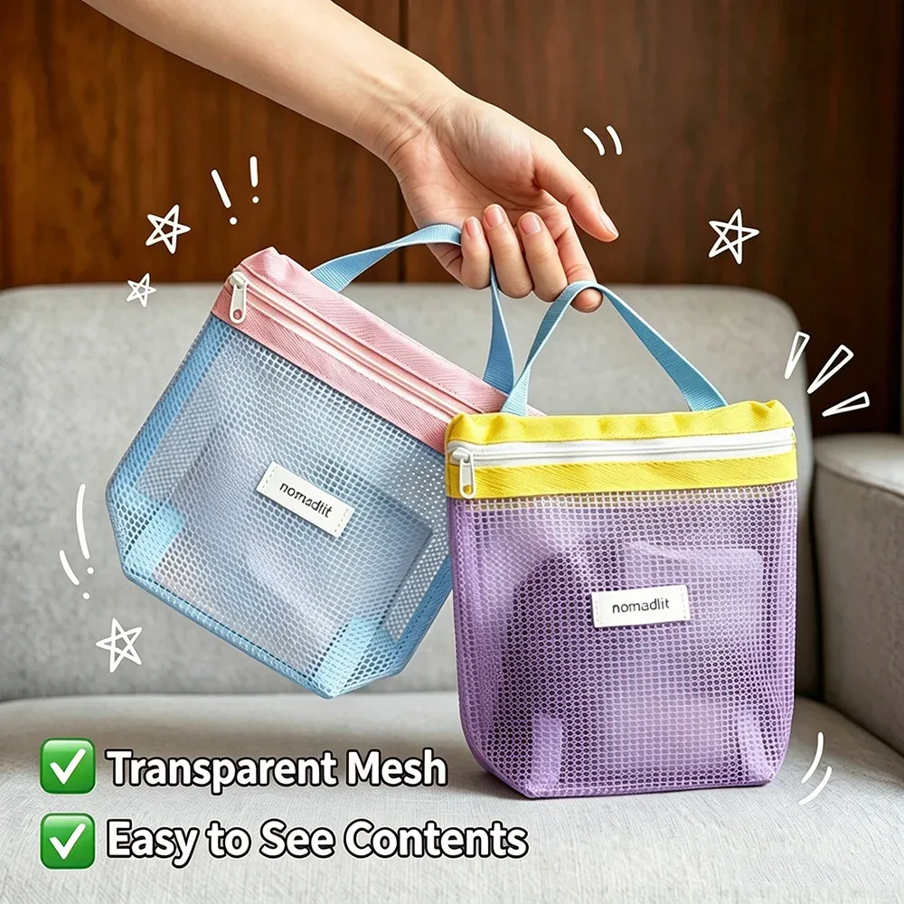 1PC Trousse de toilette portable, sac cosmétique de voyage et de natation, sac de voyage à main, sac de bain en maille imperméable, sac de plage et de fitness, sac de rangement