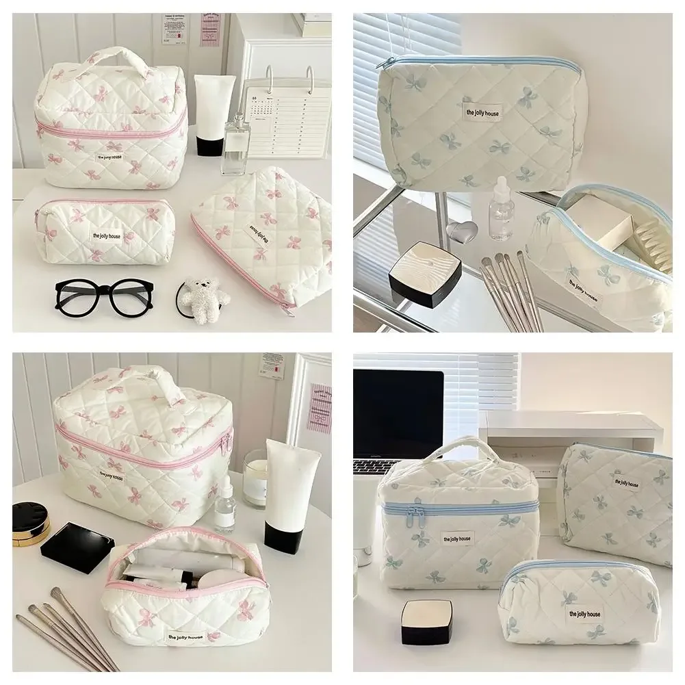 sac de maquillage imprimé nœud coréen pour femmes, trousse à cosmétiques portable de grande capacité pour voyage, sac de rangement pour articles de toilette et cosmétiques