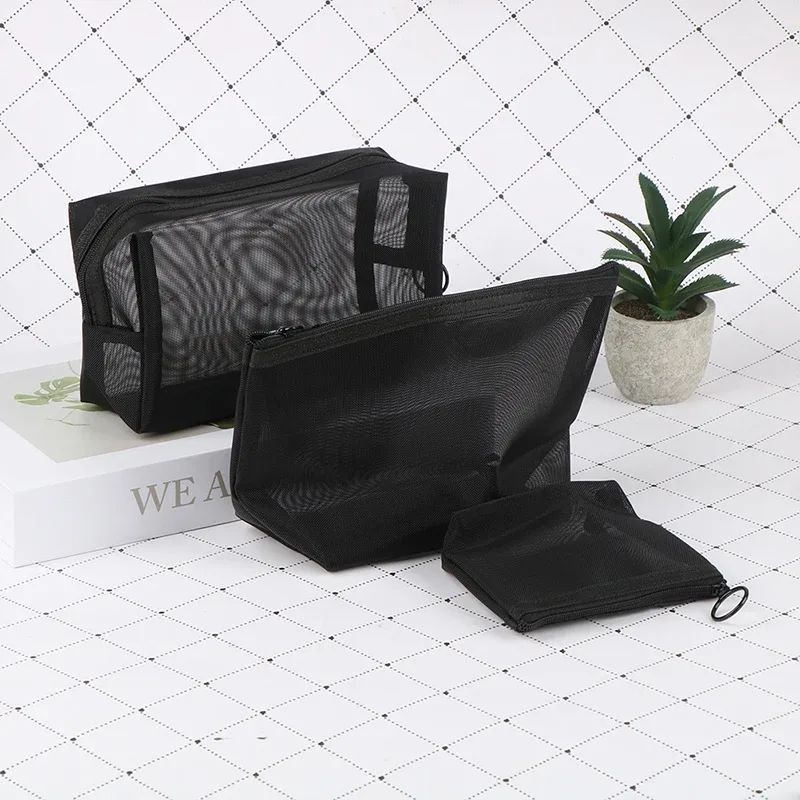 trousse de maquillage en maille transparente noire pour femme, trousse de toilette décontractée à fermeture éclair, trousse à cosmétiques de voyage, 1 pièce