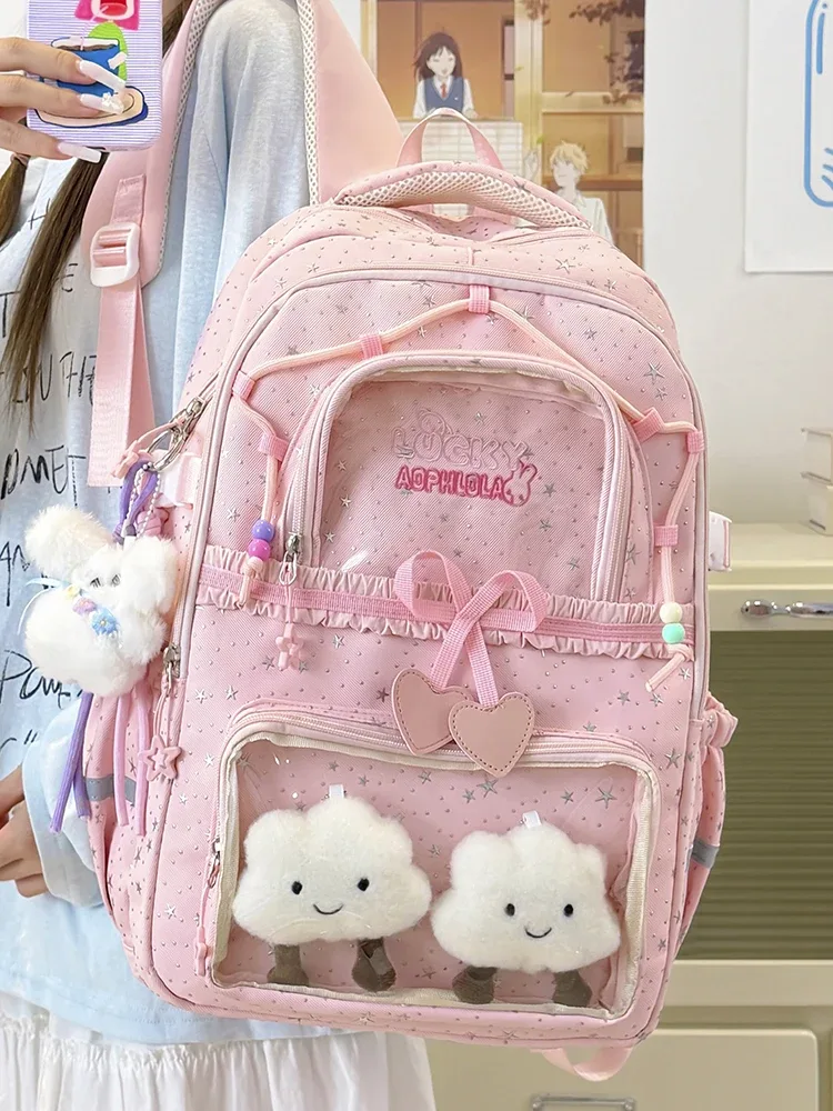 sac à dos pour femmes, sac de voyage multi-poches, joli sac d'école à rayures réfléchissantes avec nœud et étoiles pour adolescentes, sac à livres