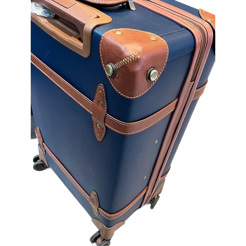 bagage d'affaires vintage en cuir bleu, valise à main de 20 pouces + valise à carreaux de 24 pouces, roulettes spinner, serrure tsa, style collégial unisexe