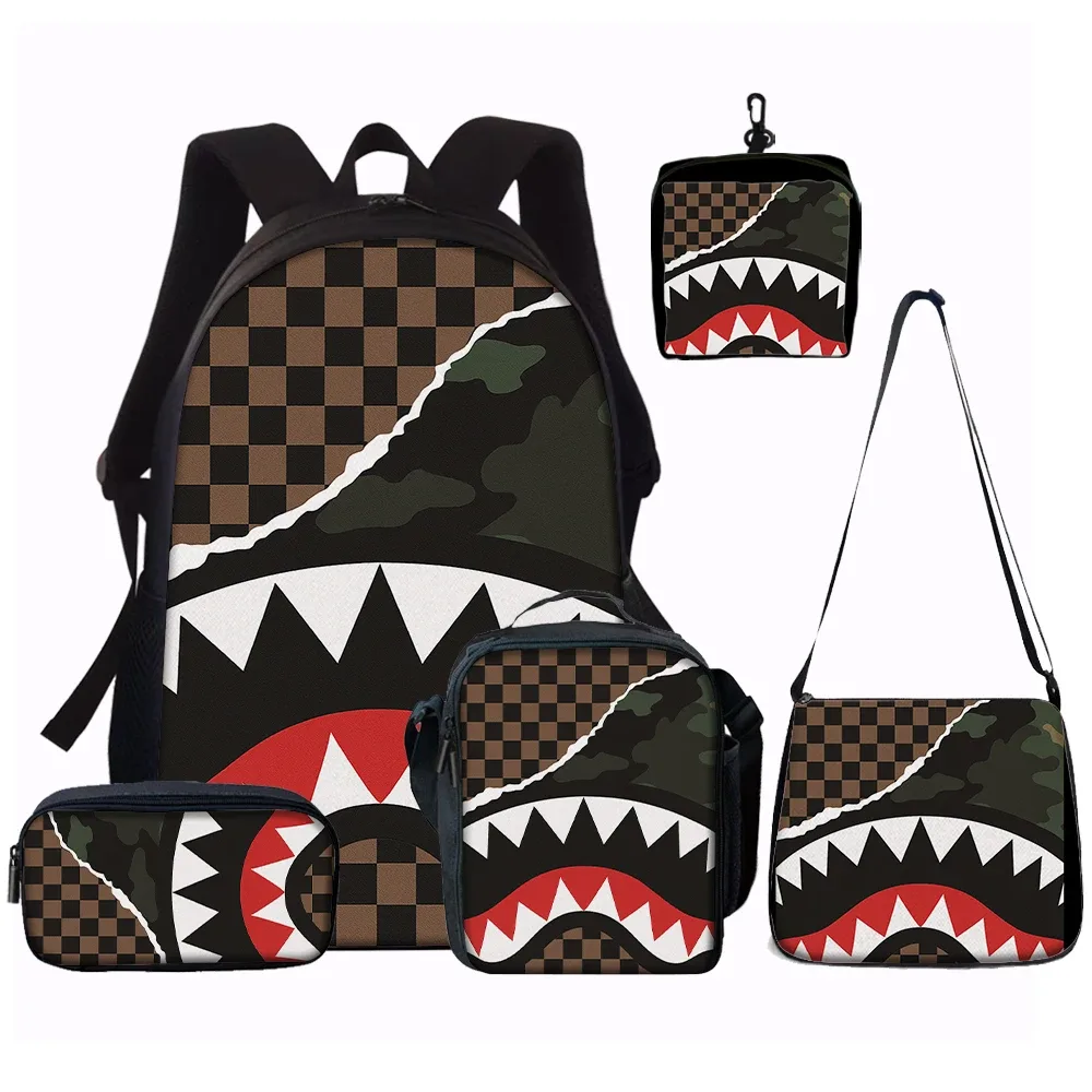ensemble de sacs à dos tendance avec motif requin, 1/2/3/4/5 pièces |   parfait pour l'école et les aventures quotidiennes