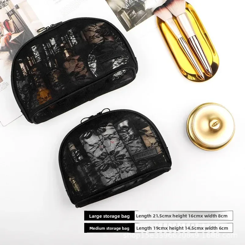 trousse de maquillage en dentelle transparente portable, sac de rangement de taille moyenne pour articles de toilette, matériau en nylon de style japonais de la chine continentale