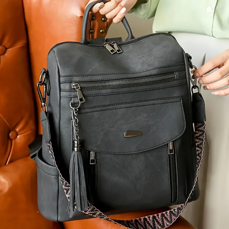 Bretelles réglables, sac à dos de grande capacité pour femmes, élégant, plusieurs compartiments et fermeture éclair à pompon décorative, pulls décontractés