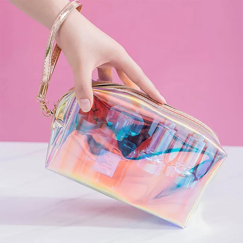 trousse de maquillage transparente en tpu pour femme, trousse cosmétique holographique colorée, trousse de maquillage transparente, trousse de voyage, évaluateurs de beauté, 1 pc