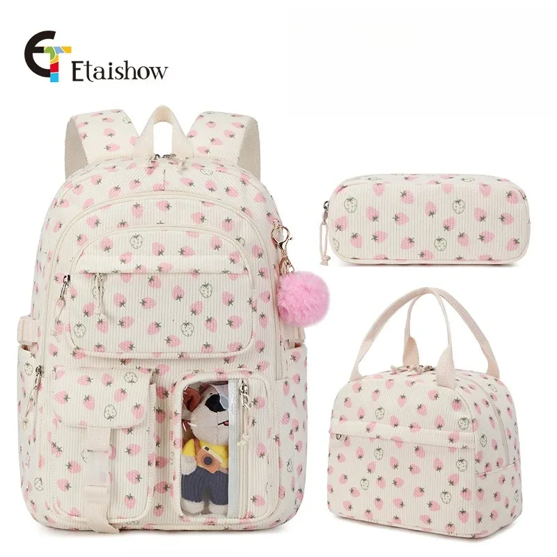 sac à dos d'université en velours côtelé, 3 pièces, avec sac à déjeuner, trousse à crayons, mignon fille, école, imprimé fraise, ensemble de sac à dos pour adolescentes et femmes