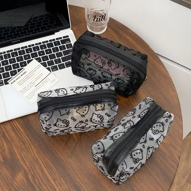 Pochette de maquillage noire en maille, mignonne et portable, grande capacité, organiseur de toilette de voyage