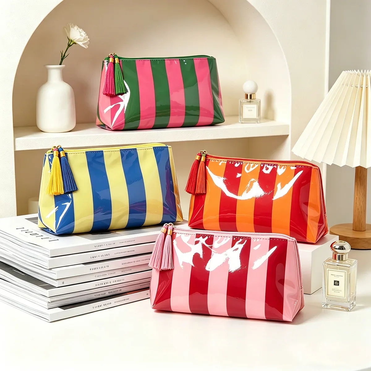 sac cosmétique rayé en pvc, trousse de maquillage avec franges et fermeture éclair, trousse de toilette imperméable pour voyage, étui pour pinceaux de maquillage