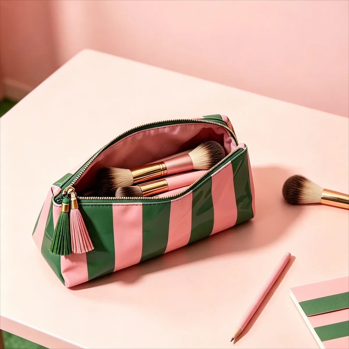 trousse de maquillage classique rayée avec fermeture éclair à franges, sac de voyage pour articles de toilette et soins de la peau, étui à pinceaux en pvc, organisation de voyage