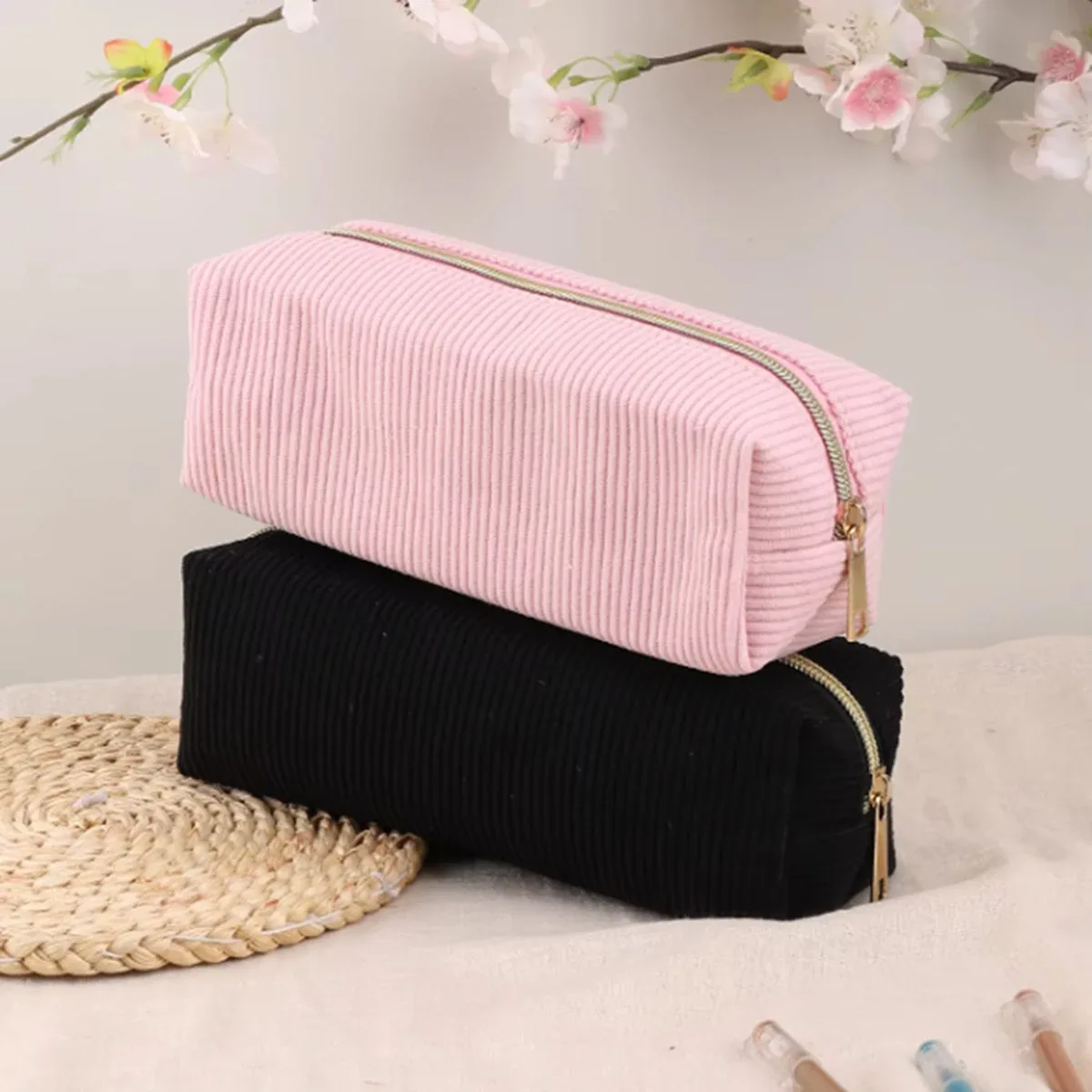 sac à cosmétiques portable en velours côtelé, grande capacité, sac de voyage pour maquillage, trousse de toile