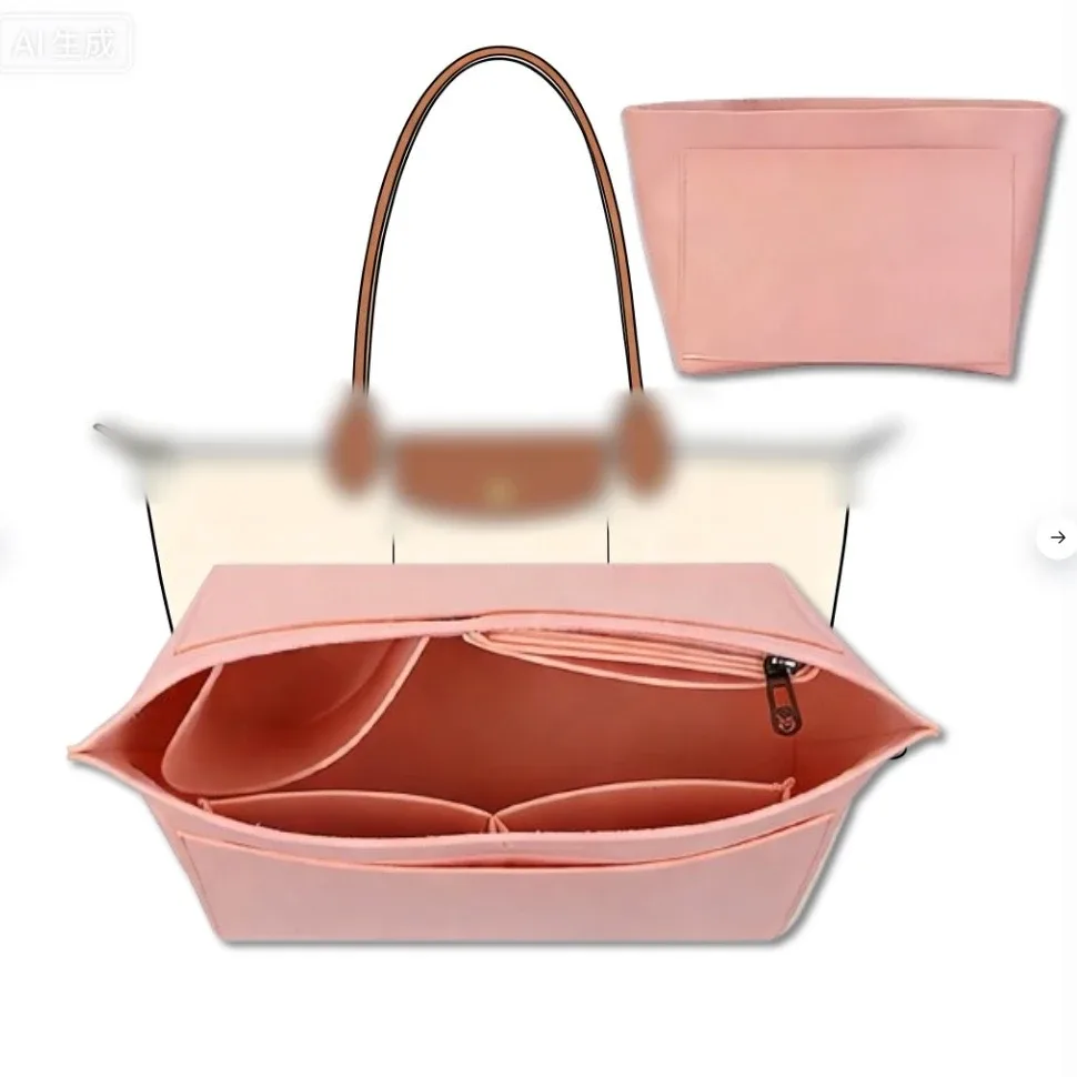 felt crescent-shaped organizer insert – 7-compartment foldable liner for structured handbags, multi-pocket storage, s/m/l