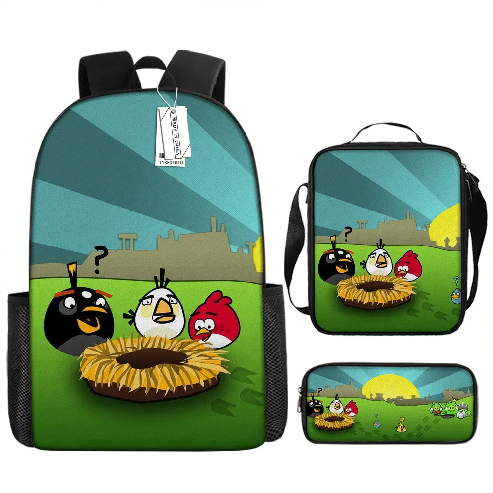 Sacs d'école de luxe originaux et cool avec impression 3D Angry Birds, 3 pièces/ensemble, sac à dos pour ordinateur portable, sac à déjeuner, trousse à crayons