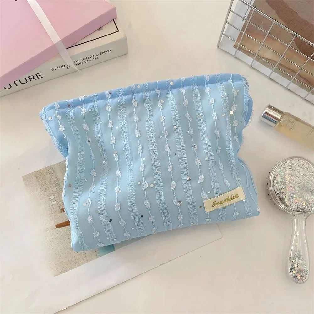 sac à cosmétiques à paillettes rayées en dentelle, trousse de toilette de voyage portable, organisateur de cosmétiques de lavage, sac de rangement de maquillage