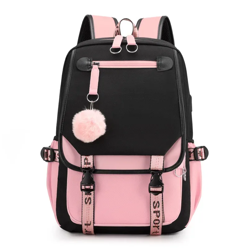 grands sacs d'école pour adolescentes, port usb, cartable en toile, sac de livre d'étudiant, mode noir rose, sac à dos d'école pour adolescents