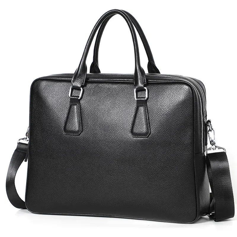 porte-documents à double fermeture éclair pour hommes, sac à bandoulière en cuir véritable, sacs pour ordinateur portable de 14 pouces, sac à main de grande capacité, mallette d'affaires pour hommes