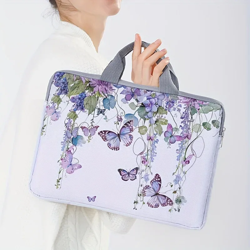 ensemble unique, deux styles, sacoche pour ordinateur portable et porte-documents motif papillon violet, convient aux ordinateurs portables de 14 pouces.