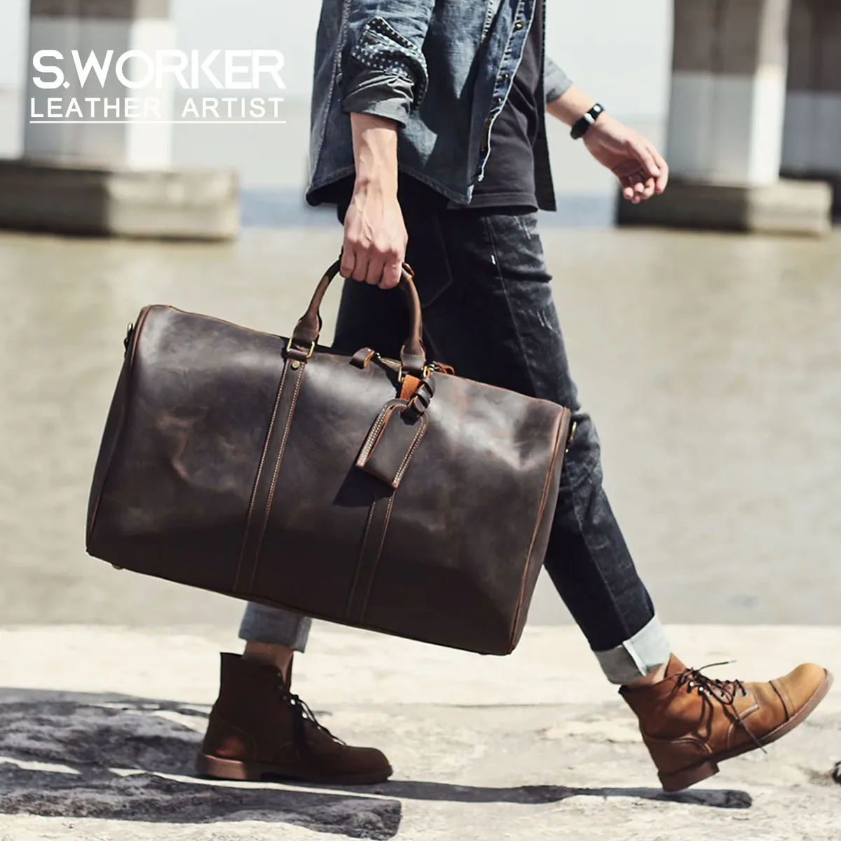 Sac de voyage vintage en cuir pleine fleur S.WORKER, grand sac de week-end pour hommes, sac de sport