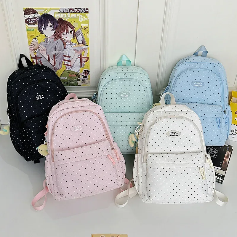 sac à dos à pois de style frais, léger, grande capacité, sac à bandoulière double pour les élèves du collège et du lycée, matériau en nylon