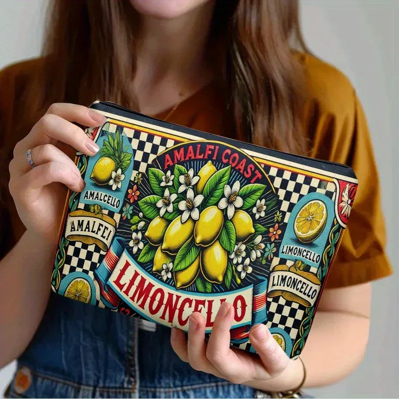 1 trousse de maquillage amalfi coast lemonade - impression double face de citrons et design à carreaux - cadeau idéal pour les amis, trousse à crayons