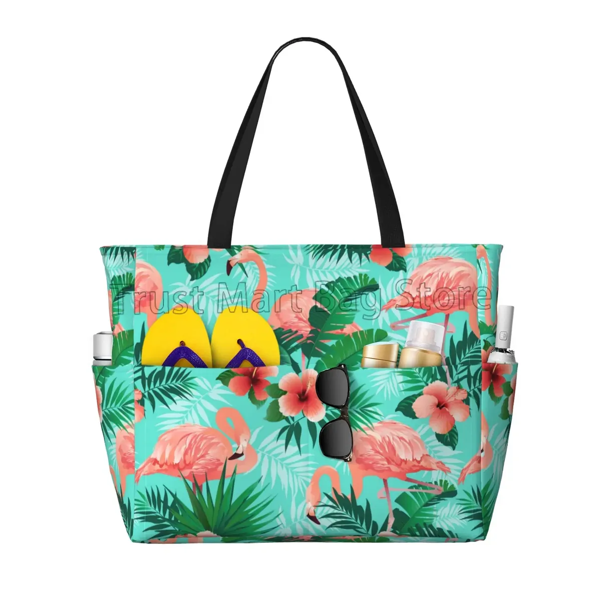 grand sac fourre-tout de plage imprimé flamant rose pour femmes, sac de voyage portable, sac de piscine étanche et résistant au sable pour la natation, la salle de sport, les vacances d'épicerie