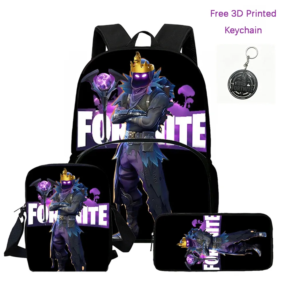 fortnite – sac à dos léger avec poche avant, sac bandoulière et trousse à crayons, pour garçons et filles de 5 à 10 ans, porte-clés imprimé en 3d gratuit, 3 pièces