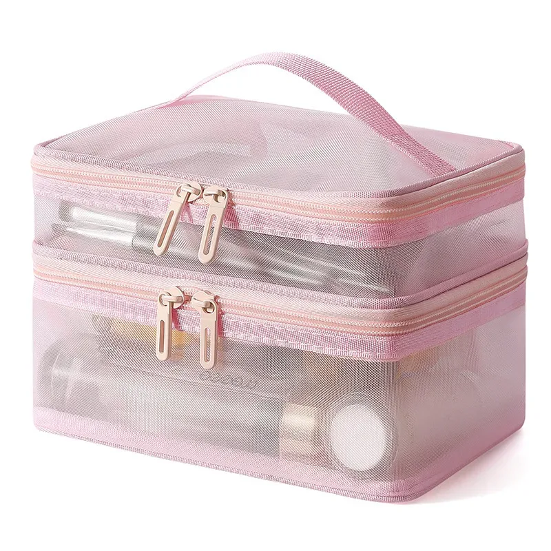 sac de rangement portable à 2 couches en maille avec fermeture éclair, trousse de maquillage à main, sac de voyage pliable transparent, pochette de toilette grande capacité