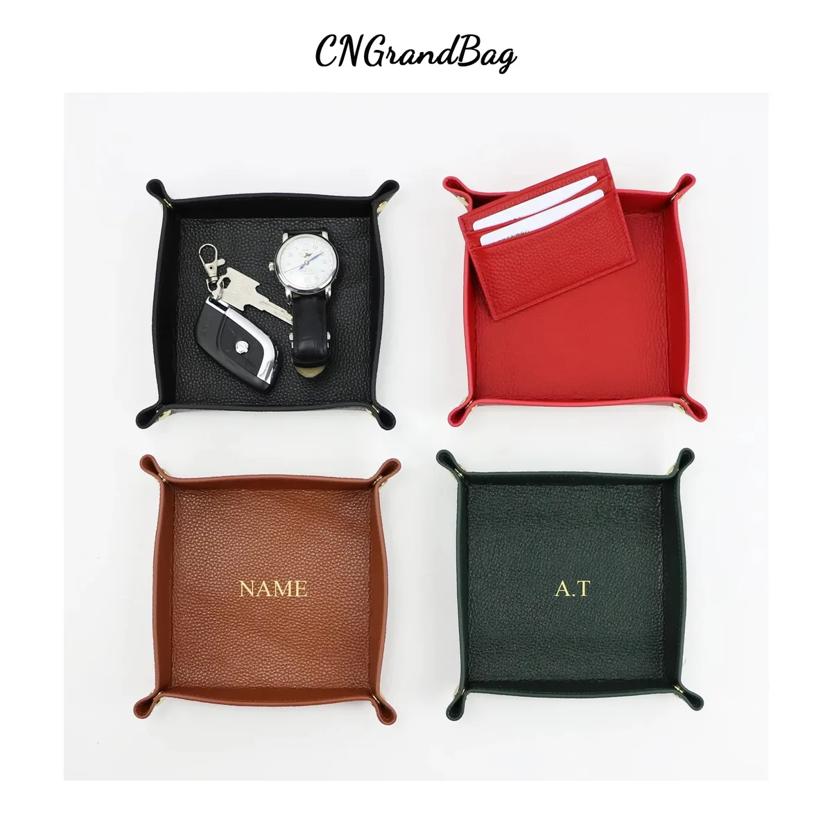 plateau carré pliable en cuir personnalisable avec nom, boîte de rangement de bureau, plateau à bijoux, organisateur pour dés, clés, portefeuilles et pièces de monnaie