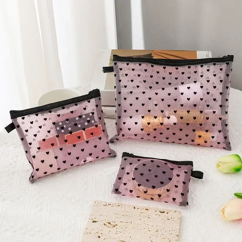 sacs à cosmétiques transparents en maille, 1 pièce, petit grand sac de maquillage noir pour femmes, organisateur de toilette de voyage, pochette de rangement de rouge à lèvres, trousse à crayons