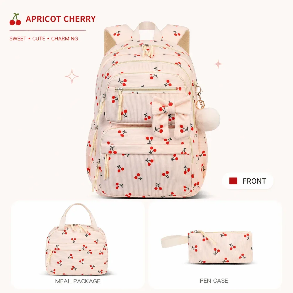 ensemble de 3 sacs à dos, sac à lunch et trousse à crayons à motif de dessin animé, grande capacité, 4 couleurs, ensemble de sacs d'école avec nœud papillon, en tissu de velours côtelé, léger