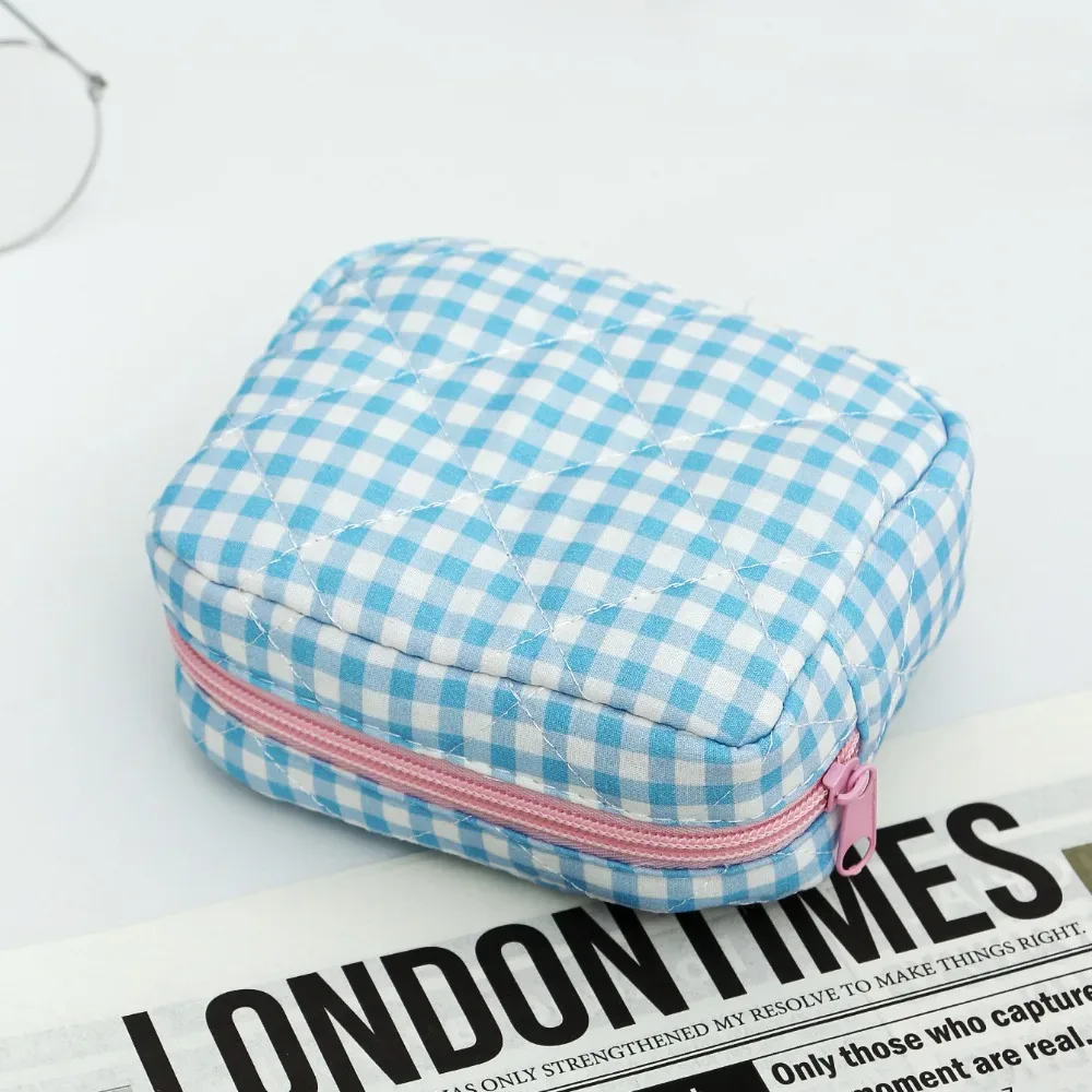 trousse de maquillage portable, design matelassé, motif à carreaux, sac de rangement pour pinceaux de maquillage, multifonctionnel avec fermeture éclair, trousse de toilette de voyage