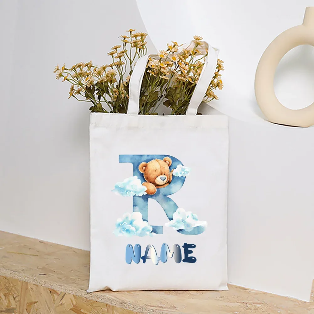 sacs fourre-tout en toile college nuage ours et alphabet personnalisés, sacs à main personnalisés de grande capacité, cadeaux de portabilité pour la rentrée scolaire