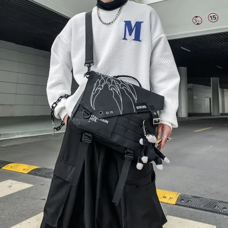 sac à bandoulière hip hop punk techwear pour hommes et femmes, sac d'école étanche multifonction, sac de messager pour ordinateur portable de voyage à démarrage unique