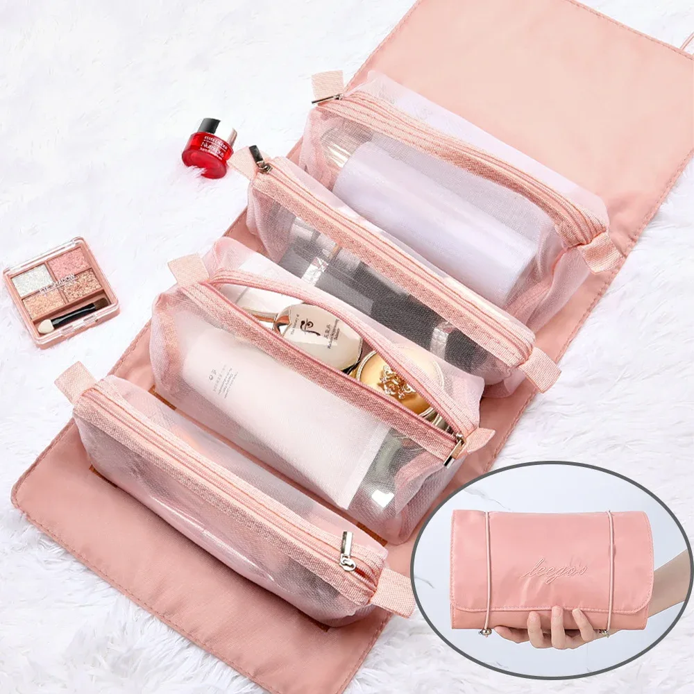 trousse à cosmétiques en maille 4 en 1, trousse de maquillage pliable, trousse de maquillage portable, trousse de toilette de voyage, trousse de rangement pour rouge à lèvres, poudres, évaluation, nouveau