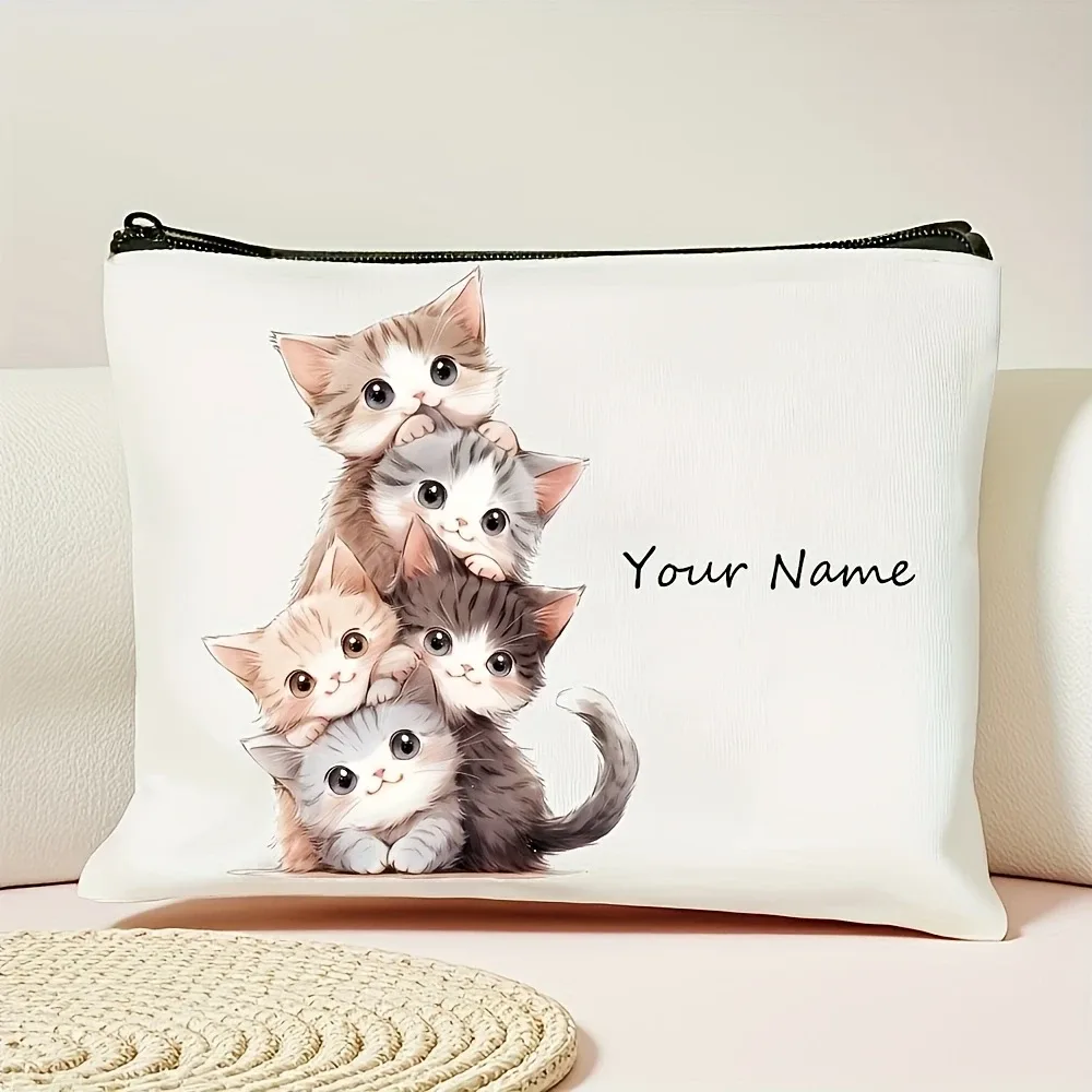 Pochette de maquillage personnalisée en polyester avec motif de chat mignon - Pochette cosmétique à fermeture éclair, étui de rangement pour articles de toilette portable et durable unisexe