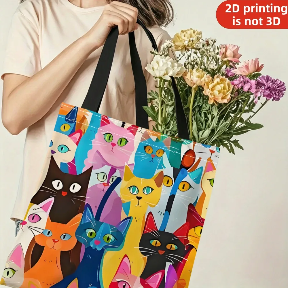 sac à main décontracté imprimé chaton coloré, sac à dos réutilisable et tendance, sac à main multifonctionnel, sac de shopping imprimé 40x40cm