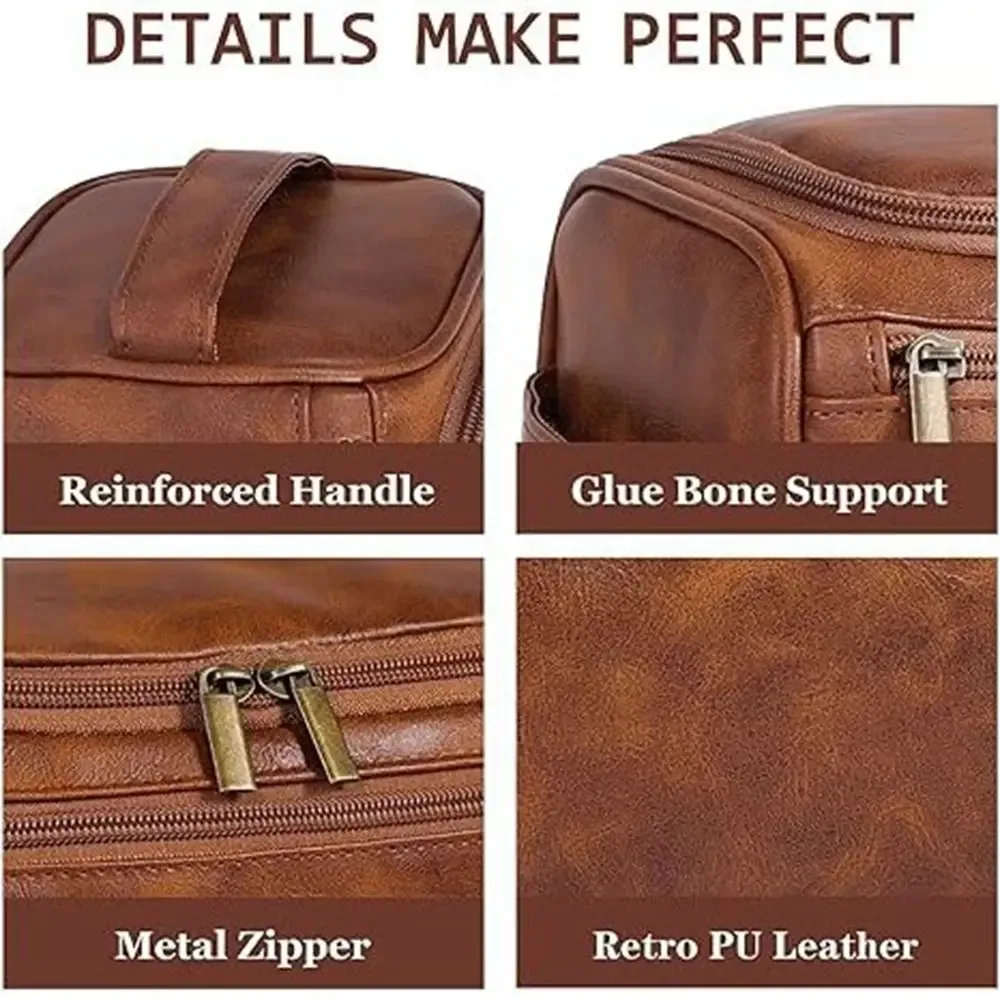 trousse de toilette multifonctionnelle en cuir pu pour hommes, imperméable avec crochet de suspension, trousse de maquillage avec poignée, sac à main de voyage de grande capacité