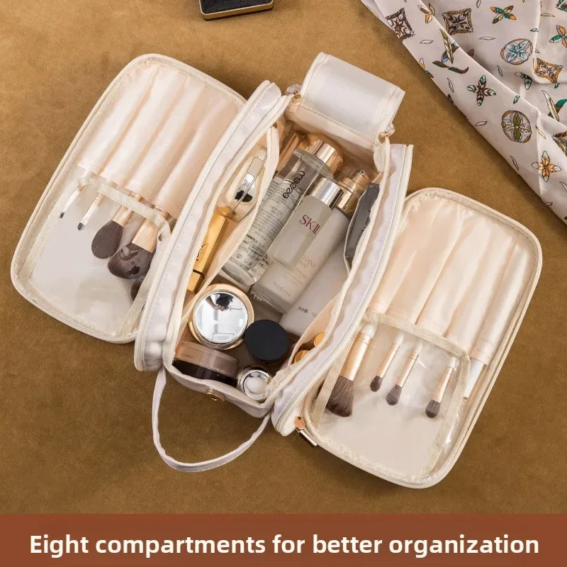 sac de maquillage multifonctionnel pour femmes en cuir pu, grande capacité, portable, double fermeture éclair, sac de rangement pour pinceaux de maquillage et articles de toilette
