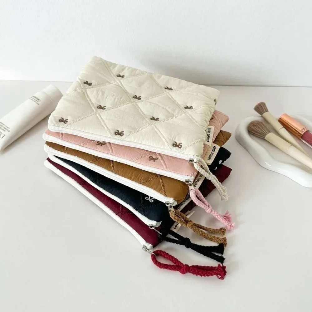 nouvelle trousse de toilette matelassée avec nœud brodé, grande capacité, sac à papeterie multifonctionnel, trousse à stylos
